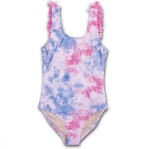 Shade Critters Tie Dye Fringe Back One-Piece Swimsuit Pink Blue Girls 6